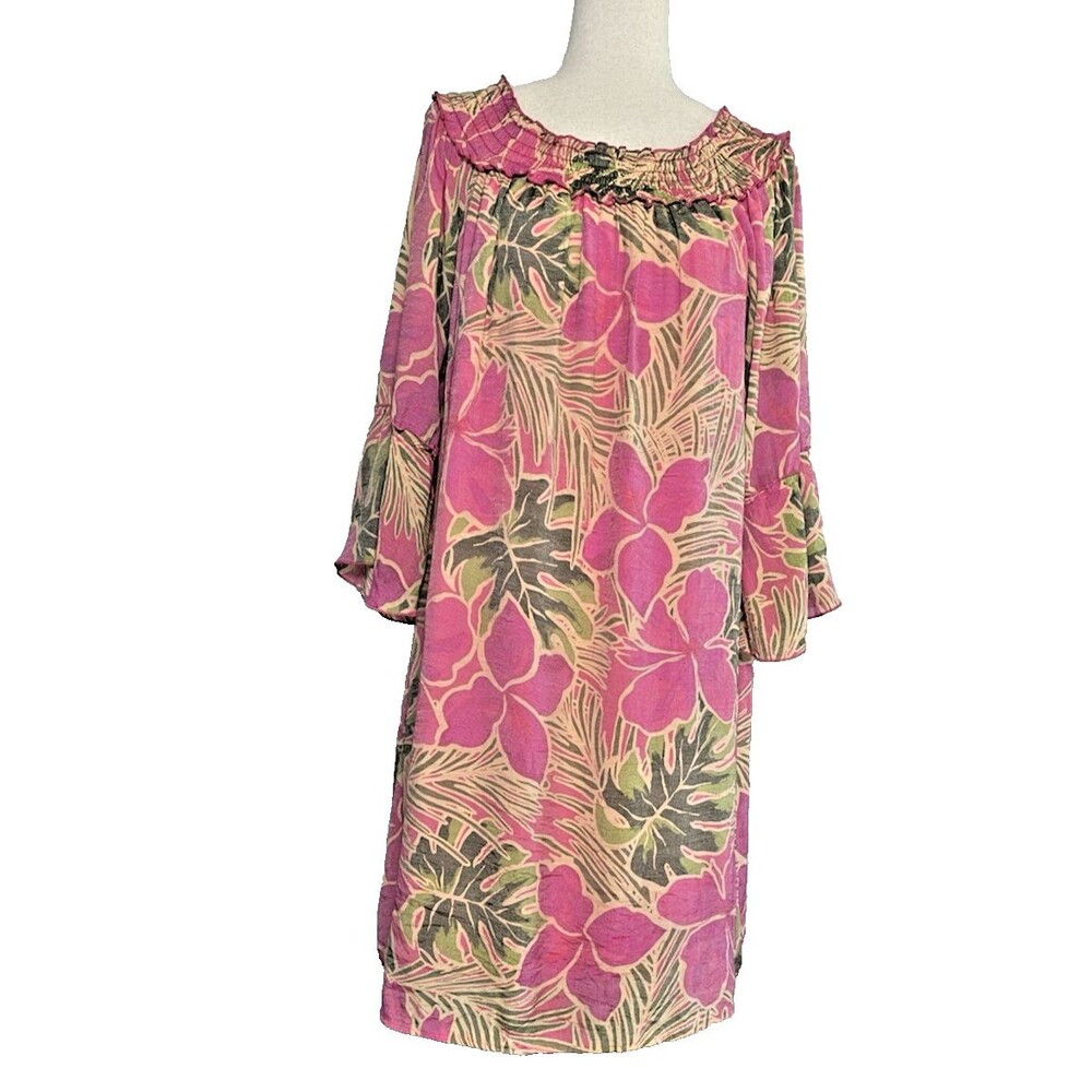 Mlle Gabrielle Womens Pink Green Casual Floral Tropical Print Dress Lined sz XL